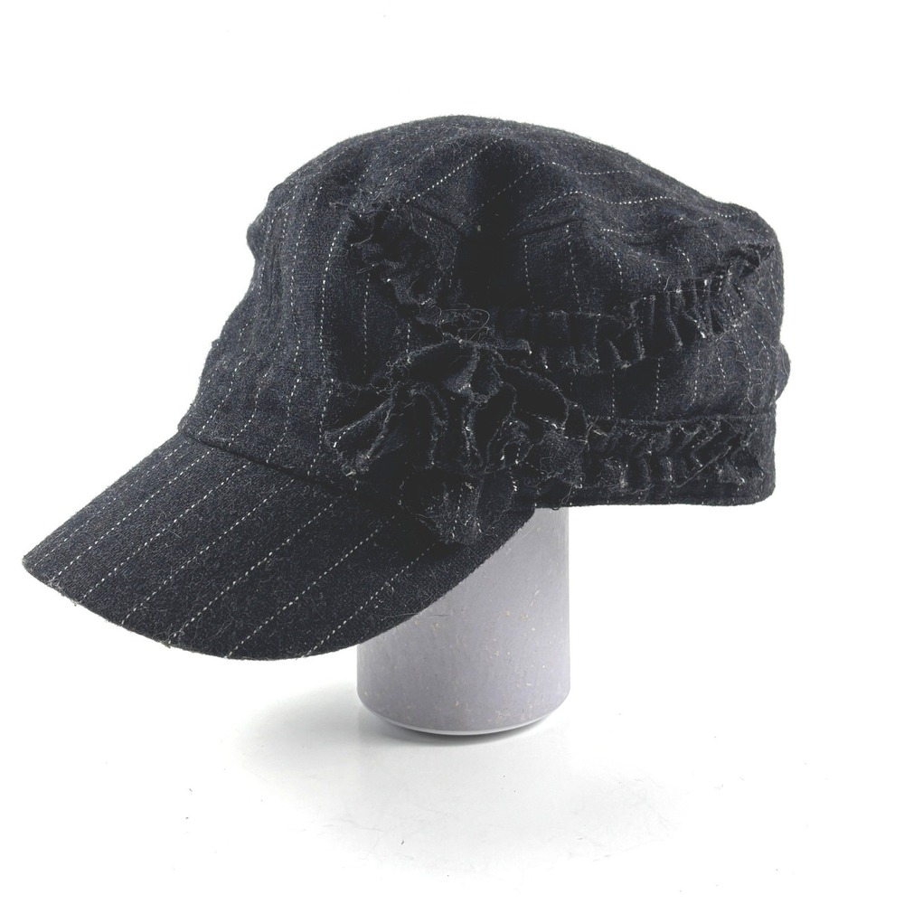 Newsboy Cap Women 57cm Black Excellent Pinstripe Wool Blend Ruffle Y2K Steampunk